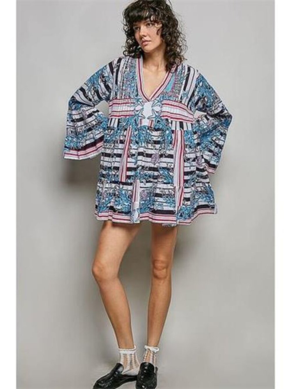 POL Striped Floral Long Sleeve Mini Dress with Pintuck Detail - Picture 6 of 7